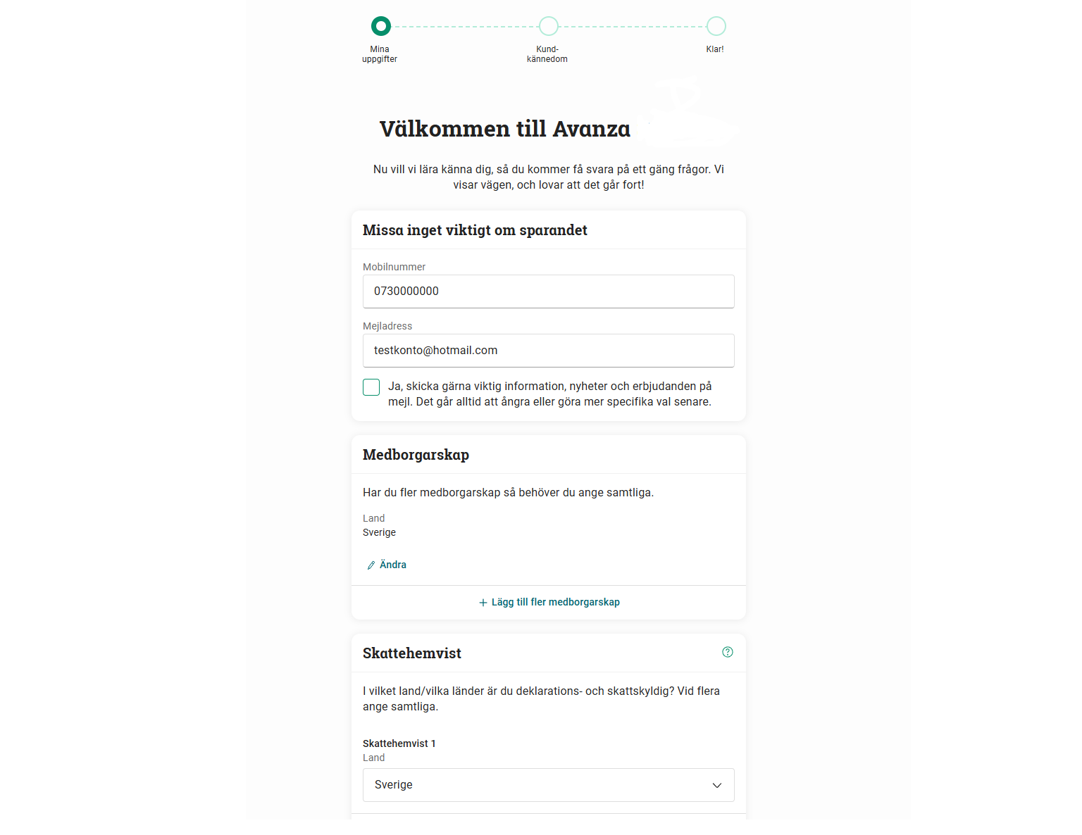 kom ihÄg med Avanza fyll i uppgifter