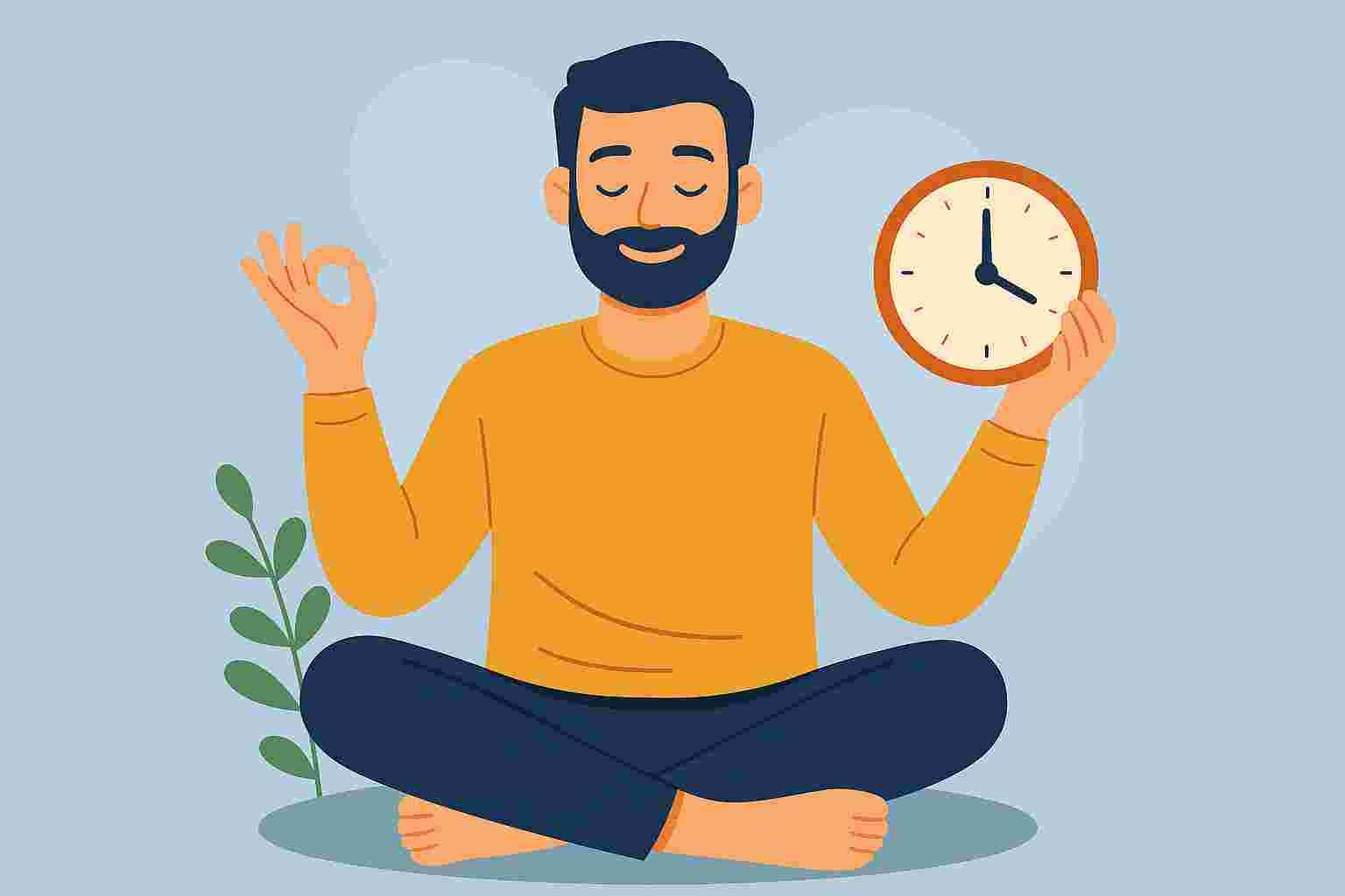 Fridfull man som håller en klocka samt gör yoga