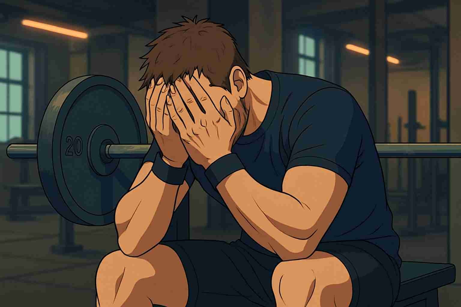 Man som sitter med händerna för ansiktet på gymmet
